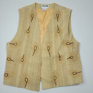 Krizia MM Vest Linen & Silk Beaded w/ Pine Motif Tan Lined Made in Italy Size M